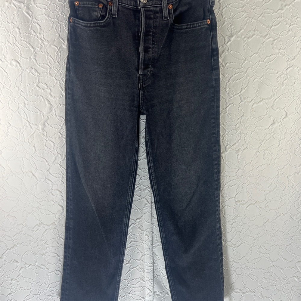 Re/Done 70s Stove Pipe High Rise Straight‎ leg cropped jeans Washed noir